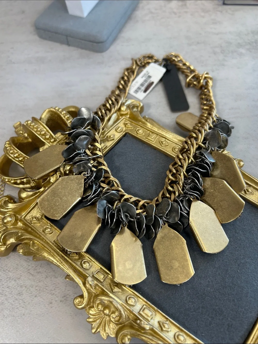 J.Crew Art Deco Gold Opal Drop Disc Necklace featuring chunky mixed-metal chain